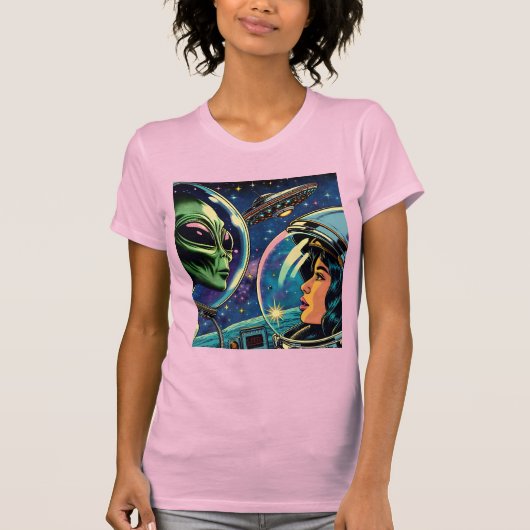 Astronautin trifft extraterrestrische Alien T-Shirt (Vorderseite)