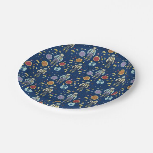 Astrounaut Space Man farbenfroh Pappteller (Schrägansicht)