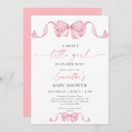 ASweet Little Girl Coquette Bow Border Baby Shower Einladung (Vorne/Hinten)