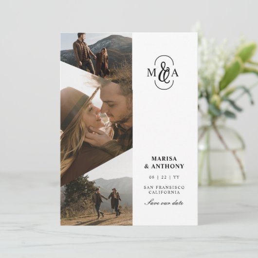 Asymmetrische Hochzeit von eleganten Monogram-Foto Save The Date (Stehend Vorderseite)