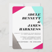 Asymmetrische Hot Pink Silver & Türkis Wedding Einladung (Vorderseite)