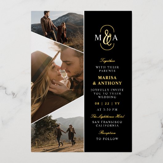 Asymmetrische Schwarz-Elegant-Monogramm-Hochzeit Folieneinladung (Vorderseite)