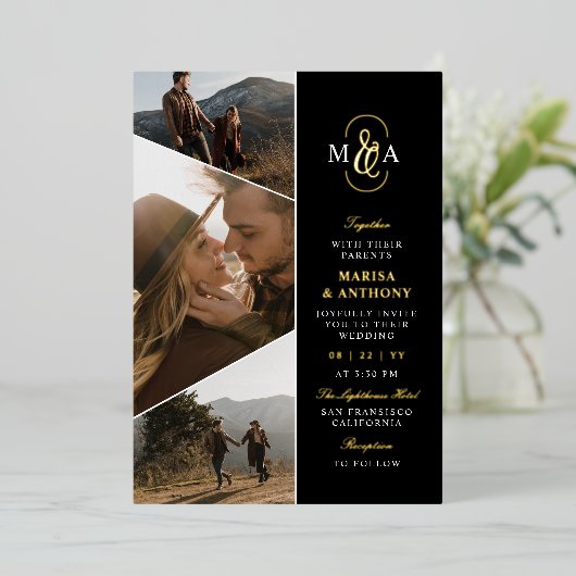 Asymmetrische Schwarz-Elegant-Monogramm-Hochzeit Folieneinladung (Stehend vorne)