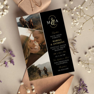 Asymmetrische Schwarz-Elegant-Monogramm-Hochzeit Folieneinladung