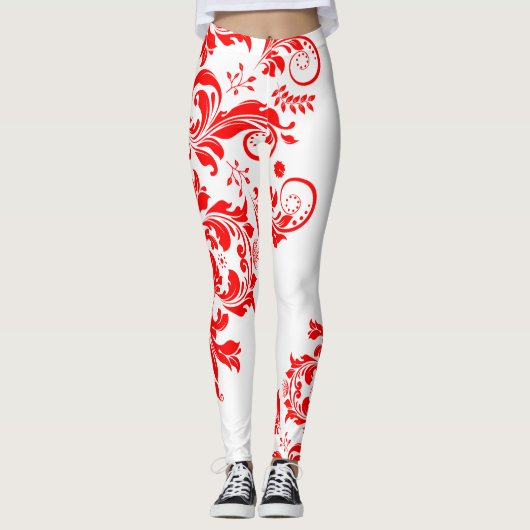 Asymmetrisches Design in Rot und Weiß Leggings (Vorderseite)