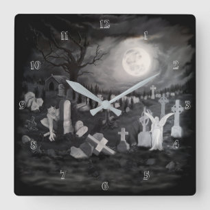 At night on the cemetery - Angel with Devil Quadratische Wanduhr