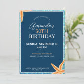 Atemberaubend Blue Glitzern Starfish Geburtstag Einladung (Stehend Vorderseite)