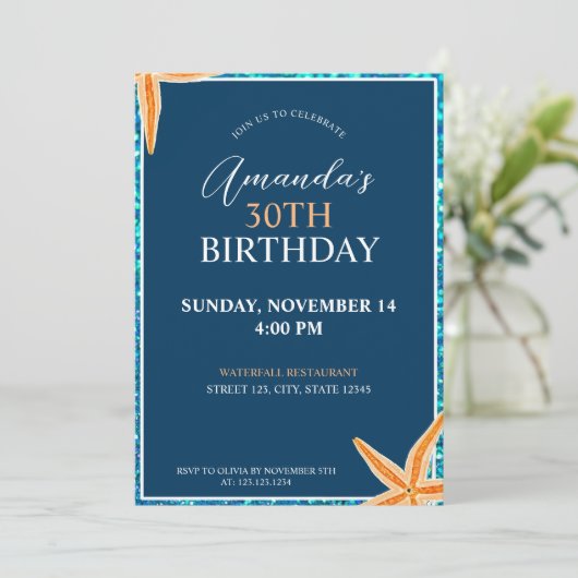 Atemberaubend Blue Glitzern Starfish Geburtstag Einladung (Stehend Vorderseite)