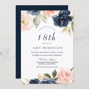 Atemberaubend Blush & Navy Floral 18. Geburtstagsp Einladung