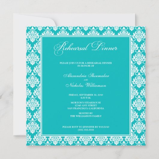 Atemberaubend Damask Probe Dinner Einladung (Aqua) (Vorderseite)
