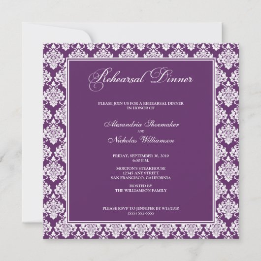 Atemberaubend Damask Probe Dinner Einladung (lila) (Vorderseite)