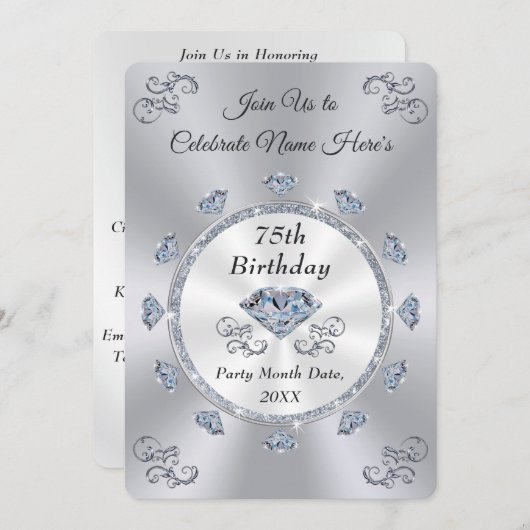 Atemberaubend Diamond, 75. Geburtstagskarte Einladung (Vorne/Hinten)