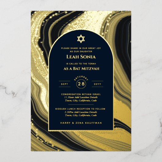 Atemberaubend GOLD FOIL Agate Marble Bat Mitzvah Folieneinladung (Vorderseite)