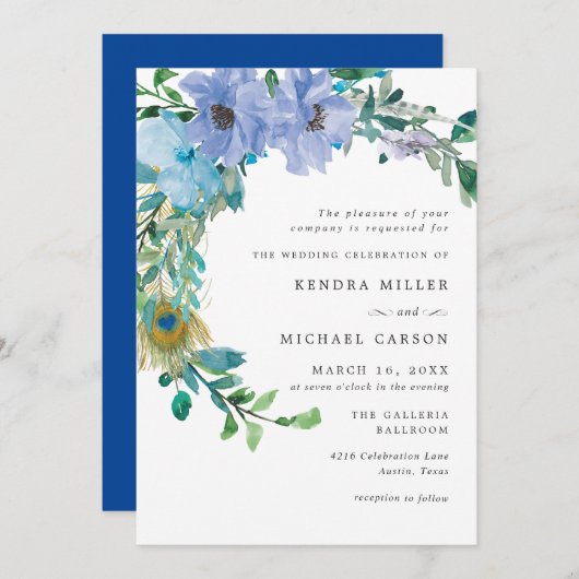 Atemberaubend Sapphire Blue Floral Wedding Einladu Einladung (Vorne/Hinten)