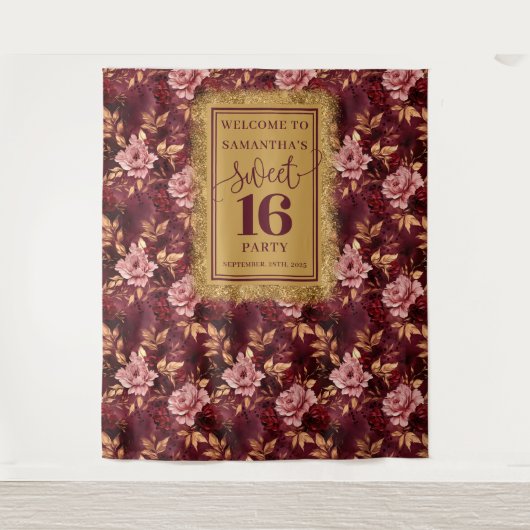 Atemberaubend Sweet 16 Blush Burgundy Gold Banner Wandteppich (Vorderseite)