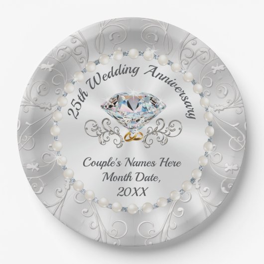 Atemberaubende 25-jährige Hochzeitspapier-Teller Pappteller (Vorderseite)