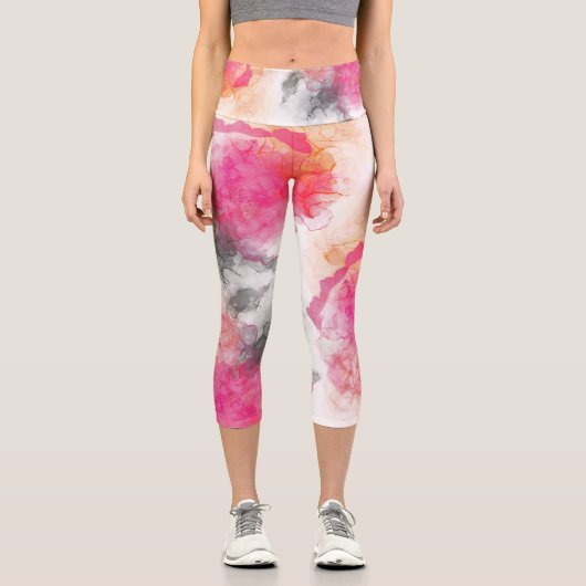Atemberaubende Abstrakte Rosa Korallenkohle Alkoho Capri Leggings (Vorderseite)