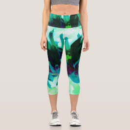 Atemberaubende Aquamarine und schwarze Kaktus Dahl Capri Leggings