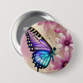 Atemberaubende blaue Schmetterlinge und rosa Blume Button (Vorne & Hinten)