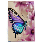Atemberaubende blaue Schmetterlinge und rosa Blume Mittlere Geschenktüte (Vorderseite)