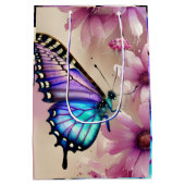 Atemberaubende blaue Schmetterlinge und rosa Blume Mittlere Geschenktüte (Rückseite)