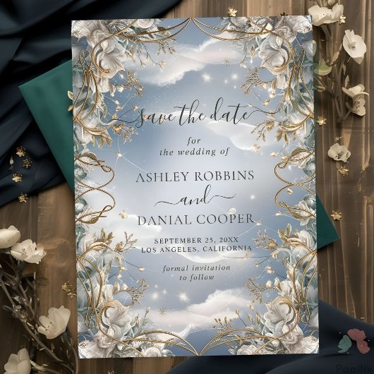 Atemberaubende Florals in Gold Save the Date hervo Einladung