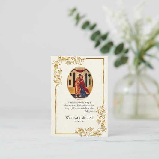 Atemberaubende Gold Scrolls orthodoxe Hochzeitsprä Platzkarte (Stehend Vorderseite)