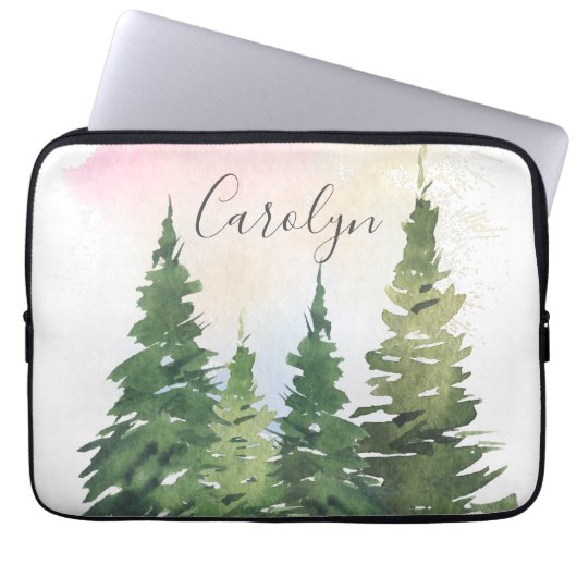 Atemberaubende grüne Aquarellbäume und Regenbogen Laptopschutzhülle (Vorderseite)