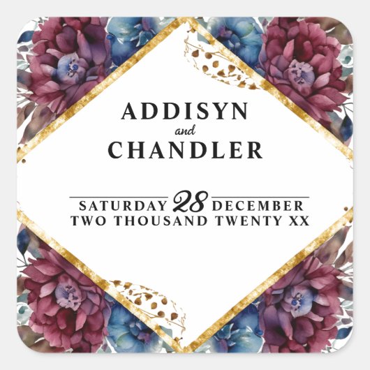 Atemberaubende Hochzeit von Jewel Toned Peony Quadratischer Aufkleber (Vorderseite)