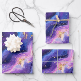 Atemberaubende Lila Blue Magenta Gold Galaxie Geschenkpapier Set