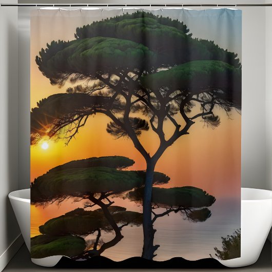 Atemberaubende Natur Pine Tree Sonnenuntergang Grü Duschvorhang