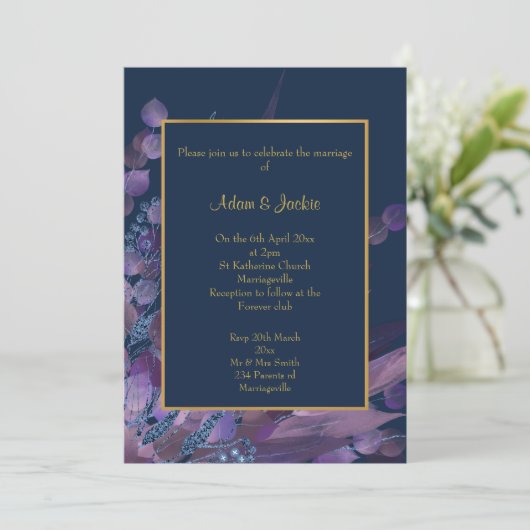 ATEMBERAUBENDE NAVY LILA EUCALYPTUS WEDDING CUSTOM EINLADUNG (Stehend Vorderseite)