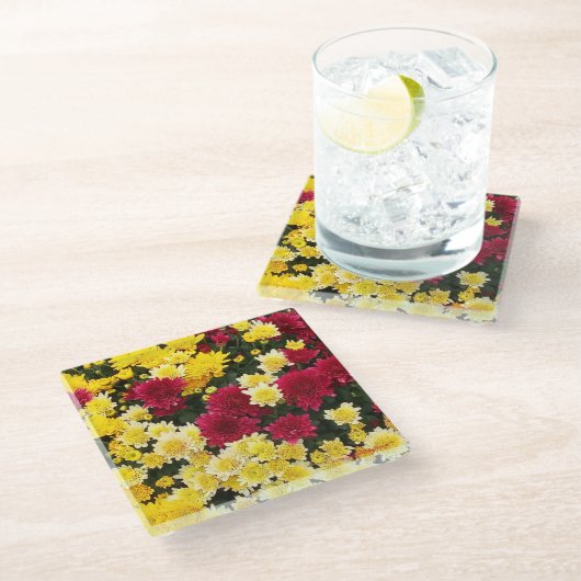 Atemberaubende Red Gold Herbst Chrysanthema Blume Glasuntersetzer (Schrägansicht)