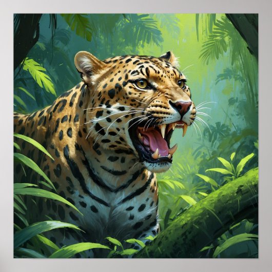 Atemberaubende Roaring Leopard Malerei Wildlife Poster (Vorne)