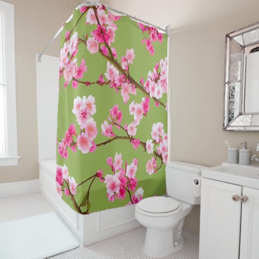 Atemberaubende rosa Kirschblüten in Chartreuse Gre Duschvorhang (Beispiel)