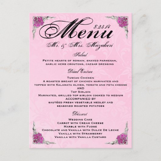 Atemberaubende Rose Hochzeiten Dinner Menu Vielen  Postkarte (Vorderseite)