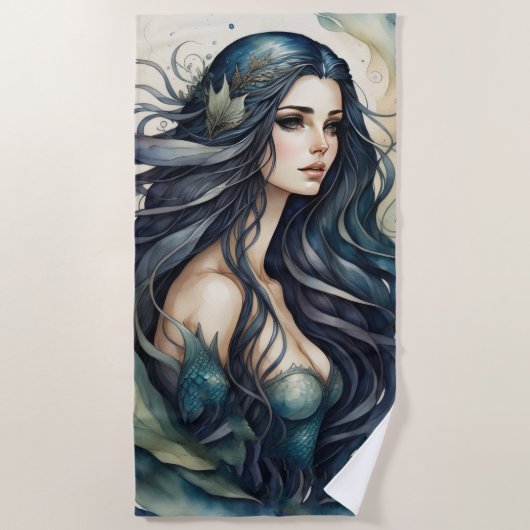Atemberaubende Schwarzhaarige Meerjungfrau Strandtuch (Vorderseite)