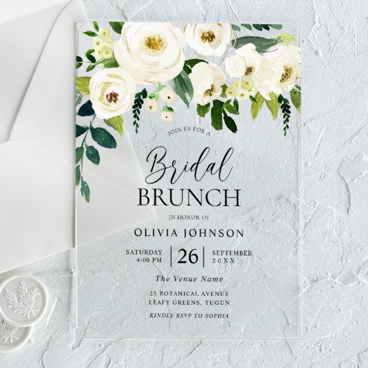 Atemberaubende weiße Blume Brautparty Brunch Acryleinladungen