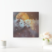 Atemberaubende Wölfe und Mond Wildlife Surreal Quadratische Wanduhr (Zuhause)
