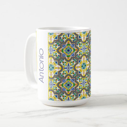 💛 💙 💚 Atemberaubenden, blauen und gelben Azulej Kaffeetasse (Vorderseite Links)