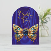 Atemberaubender Geburtstag Blue Gold Jewel Butterf Einladung (Stehend Vorderseite)