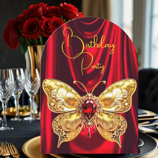 Atemberaubender Geburtstag Red Gold Jewel Butterfl Einladung