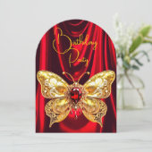 Atemberaubender Geburtstag Red Gold Jewel Butterfl Einladung (Stehend Vorderseite)