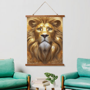 Atemberaubender Gold Lion Head Wandteppich Mit Holzrahmen
