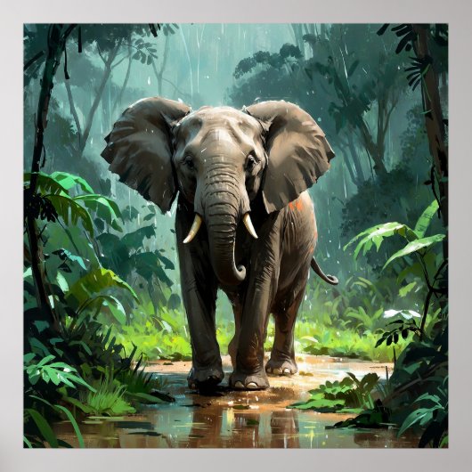 Atemberaubender junger Elefant unter Regen im Dsch Poster (Vorne)