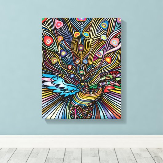 Atemberaubender Pfau im Huichol Style Art Leinwanddruck (Insitu (Holzboden))