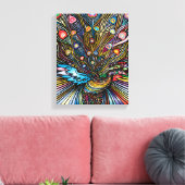 Atemberaubender Pfau im Huichol Style Art Leinwanddruck (Insitu (Wohnzimmer))