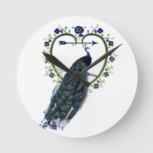 Atemberaubender Pfau und verzierter Blume Runde Wanduhr