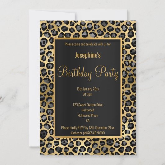 ATEMBERAUBENDER SCHWARZ & GOLD 2 LEOPARD GEBURTSTA EINLADUNG (Vorderseite)