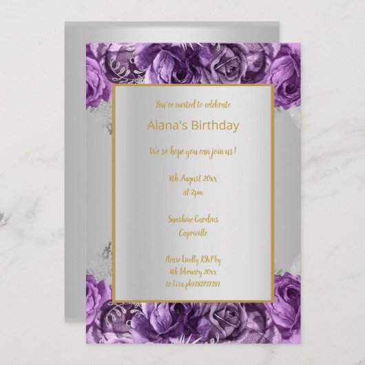 ATEMBERAUBENDER SILBER- UND LILA BLUMENPATTER GEBU EINLADUNG (Vorne/Hinten)